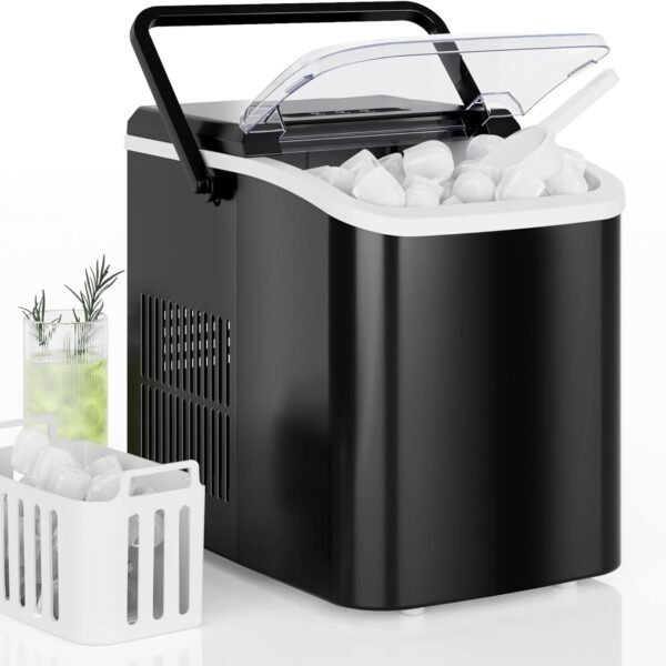 DUMOS Countertop Ice Maker with Handle. 26lbs/24H Portable Ice Machine. 9 Bullet Ice Cubes Ready in 6 Mins. Self-Cleaning. Quiet Compact Ice Maker for Home. Kitchen. RV. Camping. Black