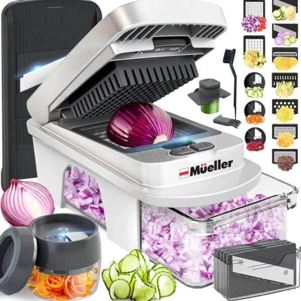 Mueller Pro-Series All-in-One. 12 Blade Mandoline Slicer for Kitchen. Food Chopper. Vegetable Slicer and Spiralizer. Cutter. Dicer. Grater. Kitchen Gadgets Sets with Container. White Sand/Gray